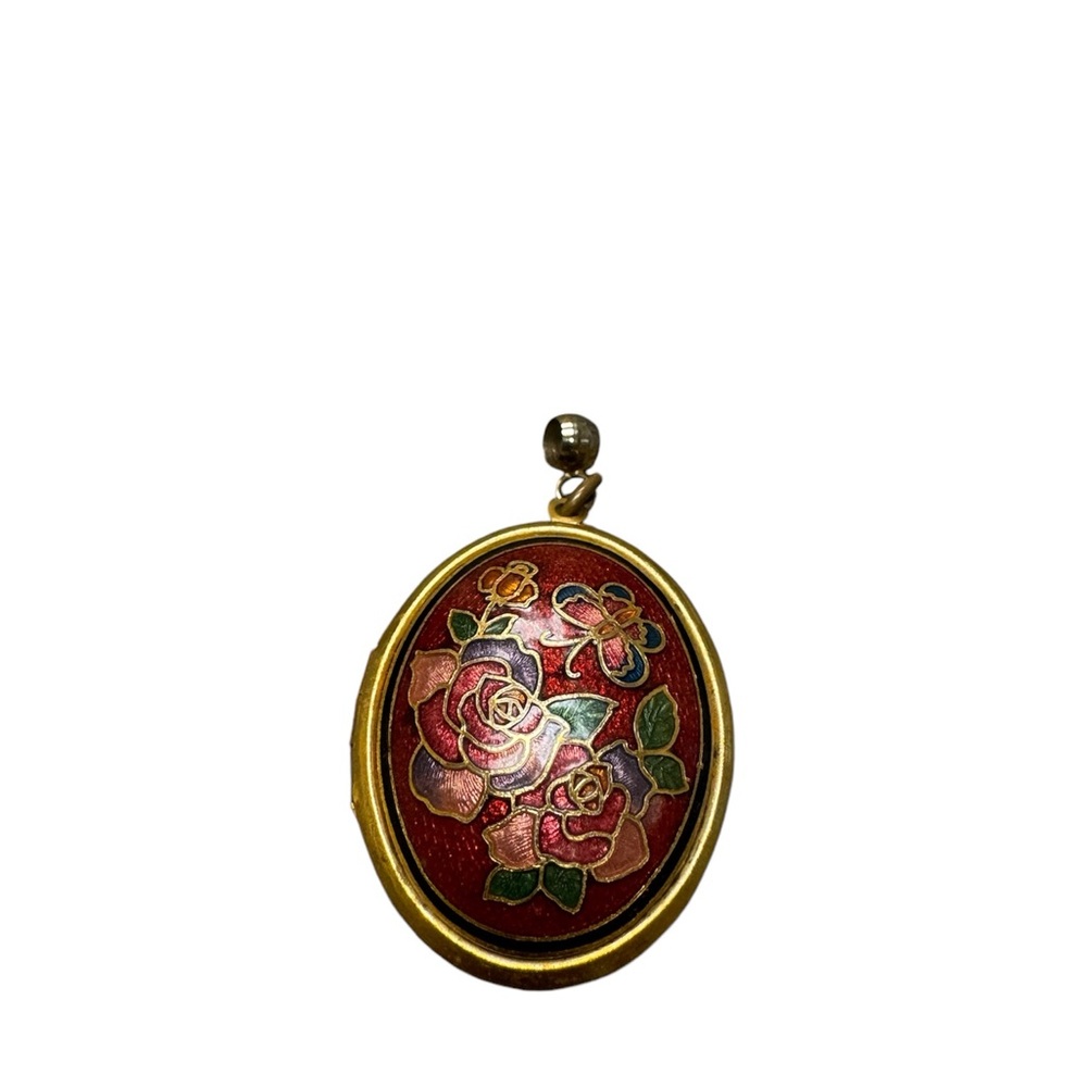 Cloisonne locket red with roses and gold tone pendant